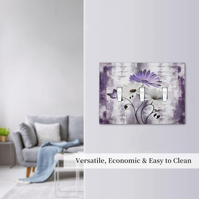 Light Switch Covers Purple Daisy White Floral Butterfly Flowers 3 Gang Wall Plates Triple Toggle Outlet Cover Decorative Switchplates Electrical Panel Cover for Kitchen Living Room 4.8 X 6.7 IN