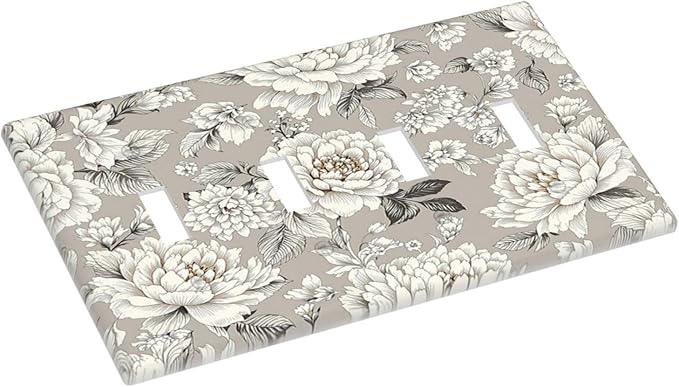 White Poppies Floral Modern Grey Peonies Flowers Light Switch Covers Quad Toggle 4 Gang Wall Plate Decorative Switch Plates Electrical Faceplate for Bedroom Bathroom Decor