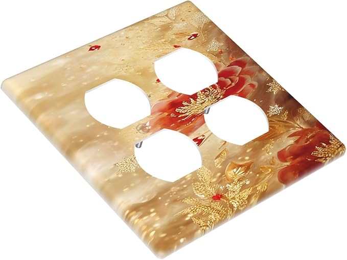 Decorative Outlet Covers Golden Leaf Red Peony Flowers Floral 2 Gang Wall Plate Cover Double Duplex Receptacle Two Switch Light Switch Cover Plate Jumbo Dual Faceplate