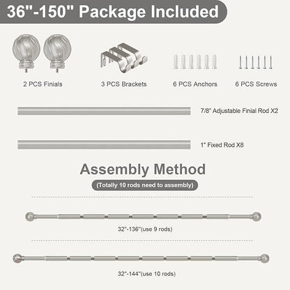 Silver Curtain Rods for Windows 72 to 144 Inch Adjustable Long Window Curtain Rod 7/8" Diamete Heavy Duty with Decorative Finials for Farmhouse Bedroom Living Room Kitchen Outdoor