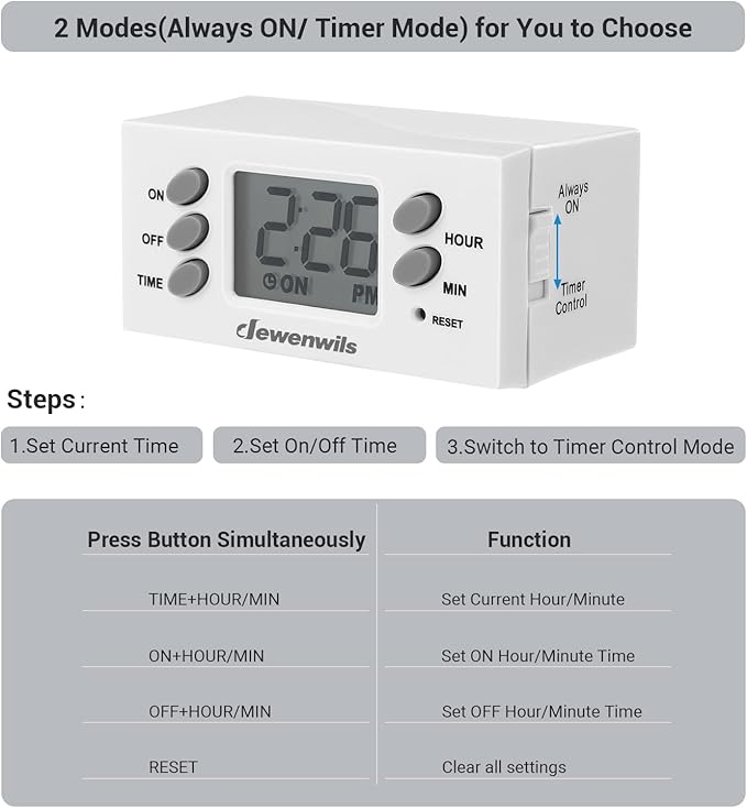 DEWENWILS 24 Hour Outlet Timer, 125V 15A 1000W Timers for Electrical Outlets, 1 Polarized Outlet, Digital Light Timer for Christmas Decor, Lamp, Fan, Aquarium, 1/2 HP, 2 Pack, UL Listed