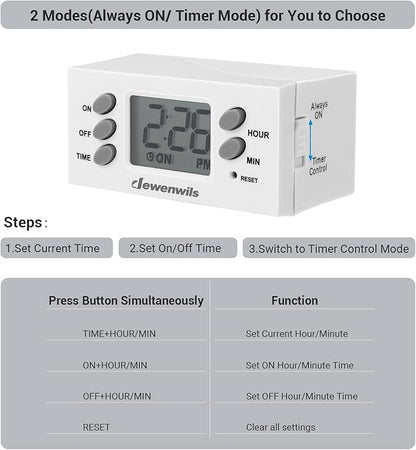 DEWENWILS 24 Hour Outlet Timer, 125V 15A 1000W Timers for Electrical Outlets, 1 Polarized Outlet, Digital Light Timer for Christmas Decor, Lamp, Fan, Aquarium, 1/2 HP, 2 Pack, UL Listed