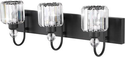 Ralbay Modern Crystal Vanity Light 3-Lights Modern Crystal Vanity Lights for Bathroom Matte Black Crystal Bath Wall Light Fixtures Modern Black Crystal Bathroom Light Fixtures