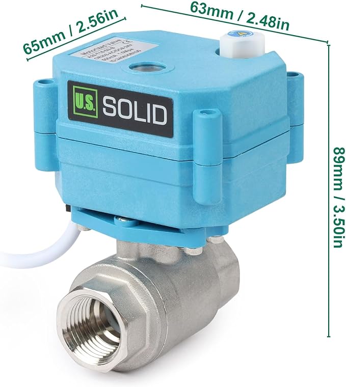 U.S. Solid Motorized Ball Valve – 1/2" 316 Stainless Steel, IP67 Waterproof, 110-230V AC, Full Port, 2-Wire Auto-Return, Normally Closed, Electric Valve for HVAC, Water, Oil, and Gas