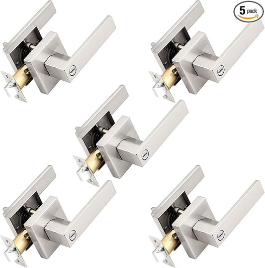 Probrico Interior Brushed Nickel Door Handle, Heavy Duty, Flat Square Privacy Door Handles, Keyless Door Levers Lockset for Bedroom and Bathroom (5 Pack, Modern)