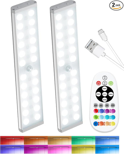 SZOKLED Motion Sensor Under Cabinet Lights, 58-LED RGB Closet Lights Wireless, 1100mAh Rechargeable Under Cabinet Lighting Dimmable Night Lights for Kitchen,Bedroom,Wardrobe,Hallway,Stairs (2 Pcs)
