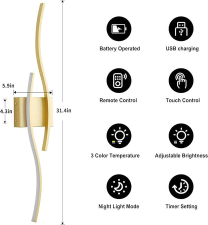 Battery Operated Wall Sconces Set of Two with Remote Control, Dimmable/3 Colors/Night-Light/Timer/Memory, Gold Modern Wireless LED Sconce for Living Room, Hallway, Bedroom, 31.4 Inch (2 Pack)