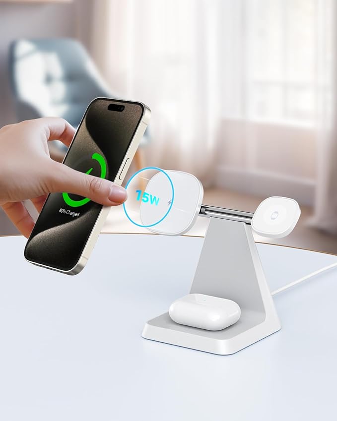 Charging Station for Multiple Devices Apple: 3 in 1 Magnetic Wireless Charger Stand for MagSafe-Compatible Nightstand Charging Dock for iPhone 17 16 15 14 13 12 Pro Max Plus Apple Watch Airpods