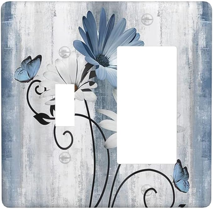 Decorative Outlet Covers Rustic Blue White Daisy Ink Flower 2 Gang Light Switch Cover Plate Single Toggle 1 Rocker Wall Plates for Electrical Outlets Switch Plate Covers for Bedroom Home Decor