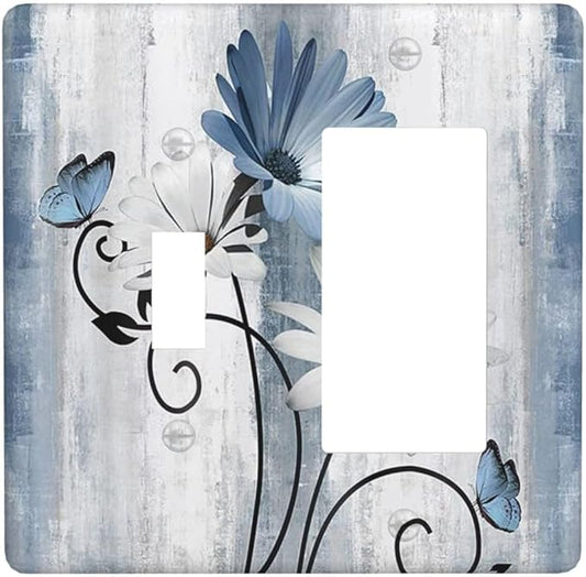 Decorative Outlet Covers Rustic Blue White Daisy Ink Flower 2 Gang Light Switch Cover Plate Single Toggle 1 Rocker Wall Plates for Electrical Outlets Switch Plate Covers for Bedroom Home Decor