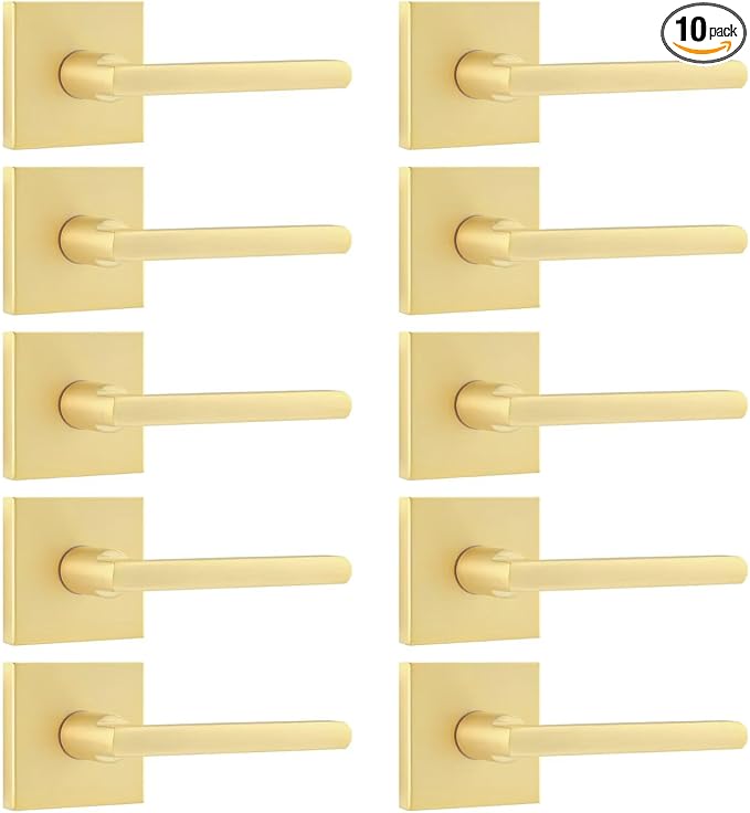 Leydebong 10 Pack Dummy Door Handles in Satin Brass, Non-Turning Interior Door Levers, Heavy Duty Reversible Indoor Handles for Closet Pantry