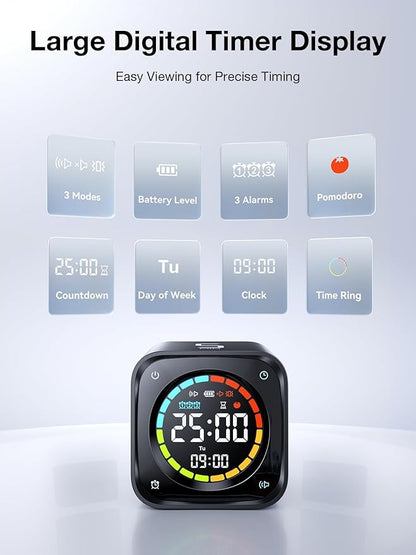 TK3 Pomodoro Timer Cube, Desk Productivity Timer with 5/10/30/60 Min Presets, Custom Countdown, Stopwatch, Clock, 3 Alarm, Silent, Vibrate & Sound Mode, for Task, ADHD, Study, Kitchen (Obsidian Black)