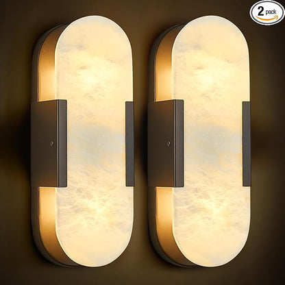 Alabaster Wall Sconces Set of Two, Modern Natural Marble Wall Sconces for Indoor Lighting, 13.8 in Black Wall Lights for Bathroom Dining Room Stairs Bedroom