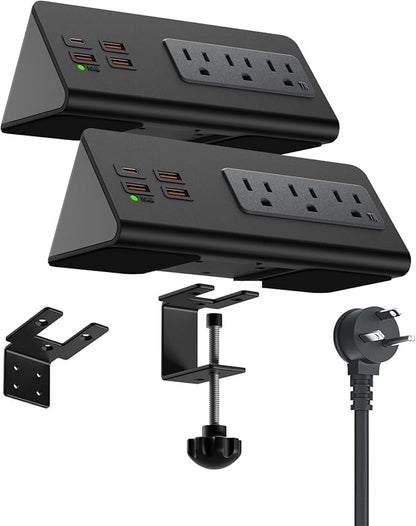 Power charge station edge clamp mount with USB-C portsTabletop Surge Protector Desk Clamp Power Sockets with 3 AC Outlets and 4 Fast Charging USB Ports for Home Office Hotel and Dormitory (Black-2pcs)