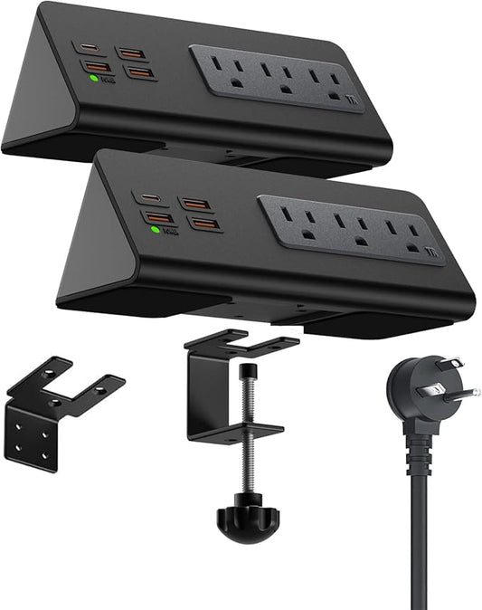 Power charge station edge clamp mount with USB-C portsTabletop Surge Protector Desk Clamp Power Sockets with 3 AC Outlets and 4 Fast Charging USB Ports for Home Office Hotel and Dormitory (Black-2pcs)