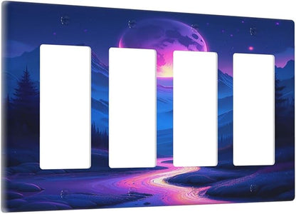 Purple Cyberpunk River Full Moon Mountain Forest Wallplates 4 Gang Quad Rocker Decorative Light Switch Covers Electrical GFCI Faceplate Switch Plate for Bedroom Bathroom Decor