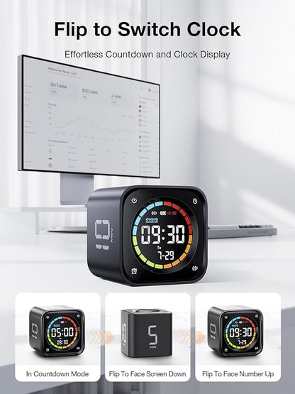 TK3 Pomodoro Timer Cube, Desk Productivity Timer with 5/10/30/60 Min Presets, Custom Countdown, Stopwatch, Clock, 3 Alarm, Silent, Vibrate & Sound Mode, for Task, ADHD, Study, Kitchen (Obsidian Black)