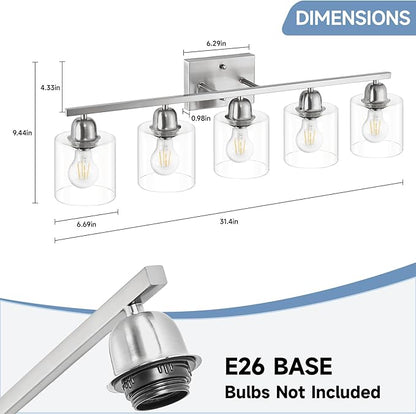 Modern Brushed Nickel 5 Light Bathroom Vanity Light, 31 inch Bathroom Lights Fixtures, Vanity Lights for Mirror Kitchen Living Room Hallway Cabinet Porch