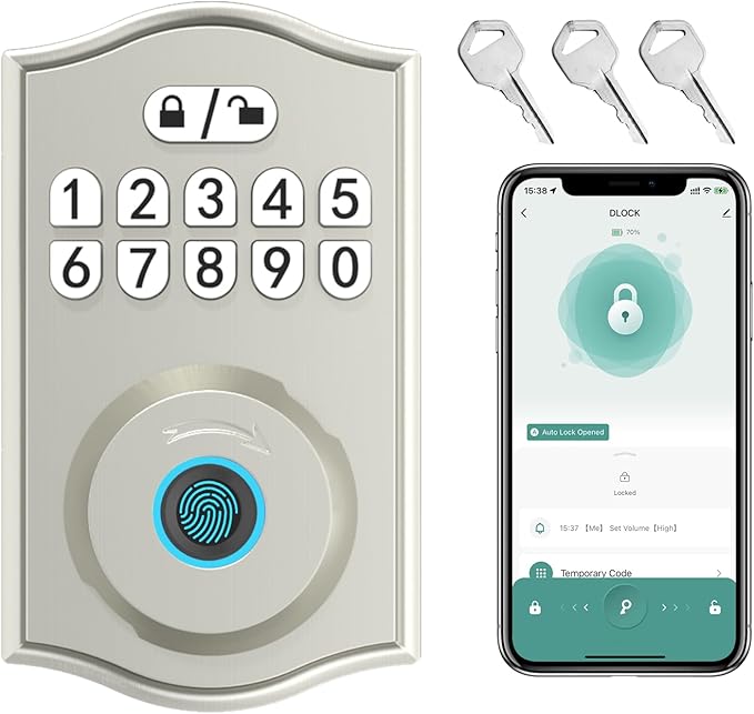 Smart Door Lock - Keyless Entry with Fingerprint/Bluetooth APP Control/Password, Auto Lock, One Time Code, Nickel