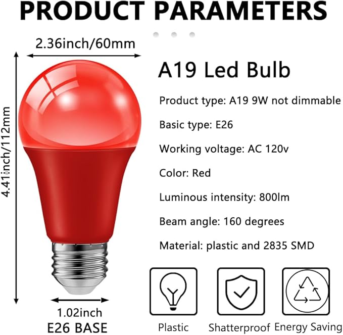 haraqi 6 Pack 9W (60W Equivalent) 120V E26 Base A19 LED Colored Light Bulb, Red Green LED Lights for Party Christmas Decor and Halloween Lighting