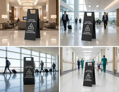 2 Pcs Wet Floor Sign, 24 Inch Black Stainless Steel Caution Wet Floor Sign Double Sided Foldable Bilingual Commercial Safety Warning for Hotel Market Restroom Restaurant Office