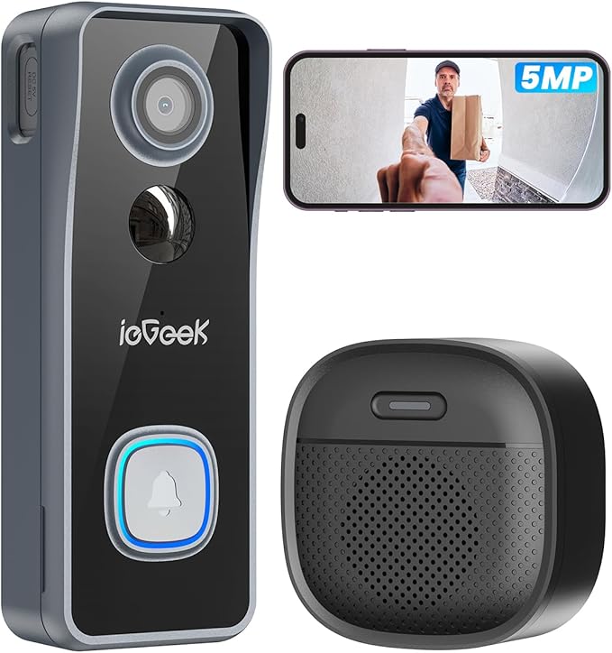ieGeek 5MP Doorbell Camera Wireless No Subscription- Video Doorbell Wireless with Chime, Doorbell with Camera, Voice Changer, 2-Way Audio, PIR Motion Detection, 2.4Ghz WiFi, Compatible with Alexa
