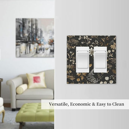 Decorative Outlet Covers Black Gold Floral Dark Leaves Vintage Flowers 2 Gang Double GFCI Rocker Electrical Wall Panels Light Switch Cover Plate for Bed Room Home Decor