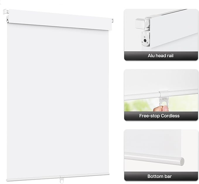 LazBlinds No Drill Blinds for Indoor Windows, Blackout Roller Shades, Cordless Window Blackout Blinds, Thermal Insulated Fabric UV Protection for Home and Office, 27" W x 48" H, White