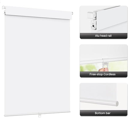 LazBlinds No Drill Blinds for Indoor Windows, Blackout Roller Shades, Cordless Window Blackout Blinds, Thermal Insulated Fabric UV Protection for Home and Office, 33" W x 72" H, White