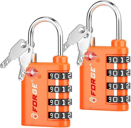 Forge Dual-Opening: Key or Combination Lock, TSA Approved Lock for Luggage, Pelican case, Travel, Gym, School, Luggage Combination Lock, Travel Bag Lock (Orange 2 Pk)
