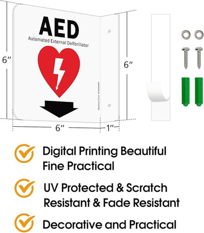 Faittoo AED Sign, AED Automated External Defibrillator with Down Arrow Sign, 6x6 Inches 90D Projection - Acrylic, 2 Pre-Drilled Holes, Includes Matching Screws, Use for Home Office/Business, 2 Pack