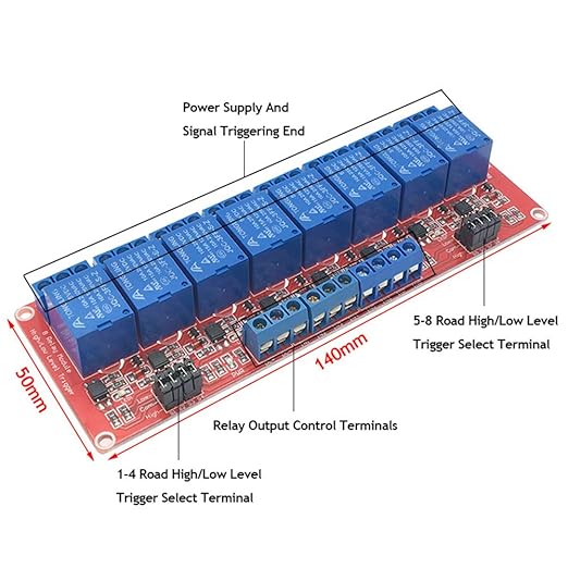 Relay Module with Optocoupler High/Low Level Trigger for Arduino (5, 5V Relay 8 Channel)