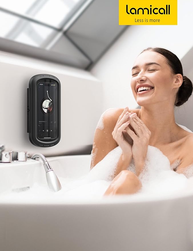 Lamicall Shower Phone Case Holder Waterproof - Bigger Size for More Phone(4"-7"), Clearer Sound Shower Bathroom Bathtub Accessories, IPX6 Waterproof Wall Mount for iPhone 16 Pro Max, S25 Ultra