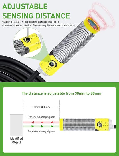DIHOOL Photoelectric Proximity Sensor, Laser Motion Switch,IP65 Waterproof, Normally Open NPN NO, M16, 3 Wires,12V/24V Input(10-30VDC), Detection Distance Adjustable from 3cm to 80cm