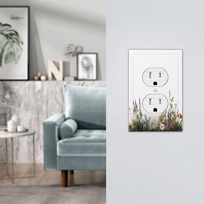 Outlet Covers White Background Colorful Flowers Plants Green Leaves 1 Gang Duplex Light Switch Cover Plate Decorative Switch Plate Covers Electrical Socket Cover for Bedroom Home Decor
