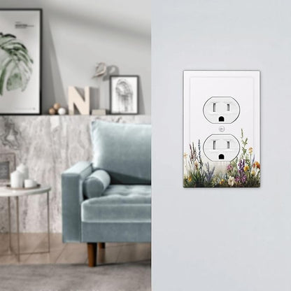 Outlet Covers White Background Colorful Flowers Plants Green Leaves 1 Gang Duplex Light Switch Cover Plate Decorative Switch Plate Covers Electrical Socket Cover for Bedroom Home Decor