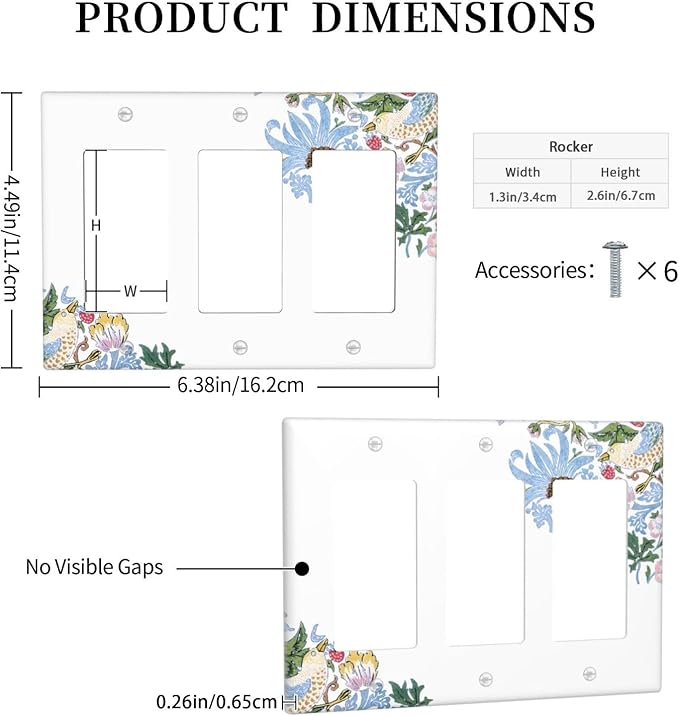 Decorative Outlet Covers Retro Morris Strawberry Rustic Plant Bird 3 Gang Wall Plate Triple Rocker Light Switch Cover Plate Jumbo Electrical GFCI Faceplate for Bedroom Decor