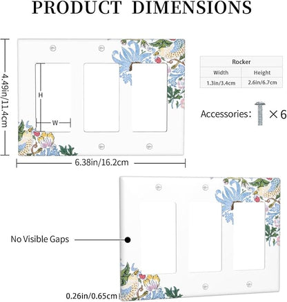Decorative Outlet Covers Retro Morris Strawberry Rustic Plant Bird 3 Gang Wall Plate Triple Rocker Light Switch Cover Plate Jumbo Electrical GFCI Faceplate for Bedroom Decor