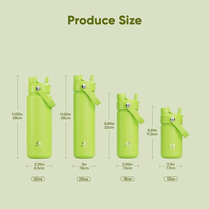 Kids Insualated Water Bottle with Straw - 12oz Stainless Steel Water Bottle with Dual Spouts, Leak-Proof, BPA-Free, Double Wall Vacuum Keeps Cold for 24 Hours for Sports, Travel, School (Sharp Green)