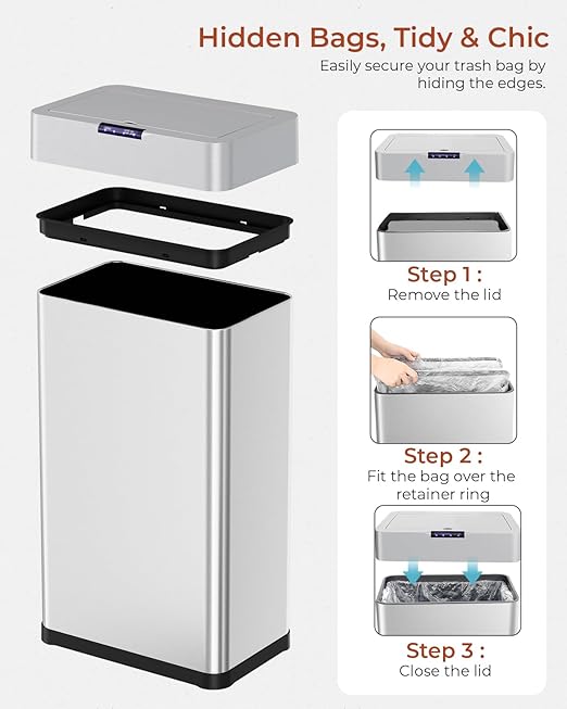 TLSUNNY 13.2 Gallon Motion Sensor Trash Can,Touchless Automatic Garbage Can,Brushed Stainless Steel Smart Bin,with Bag Holder,Soft Close Lid,for Kitchen,Office,RV,Bedroom,Living Room (Silver, 50L)