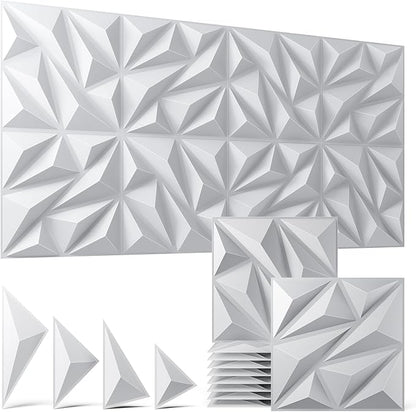 48 Pack White 3D Wall Panels for Interior Wall Decor, 11.8'' x 11.8'' Decorative Wall Panels, Accent Wall Panels, 3D Diamond Design Wall Decor for Living Room, Bedroom, Gaming Room
