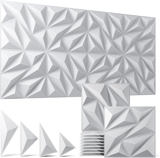 16 Pack White 3D Wall Panels for Interior Wall Decor, 11.8'' x 11.8'' Decorative Wall Panels, Accent Wall Panels, 3D Diamond Design Wall Decor for Living Room, Bedroom, Gaming Room