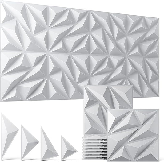 16 Pack White 3D Wall Panels for Interior Wall Decor, 11.8'' x 11.8'' Decorative Wall Panels, Accent Wall Panels, 3D Diamond Design Wall Decor for Living Room, Bedroom, Gaming Room
