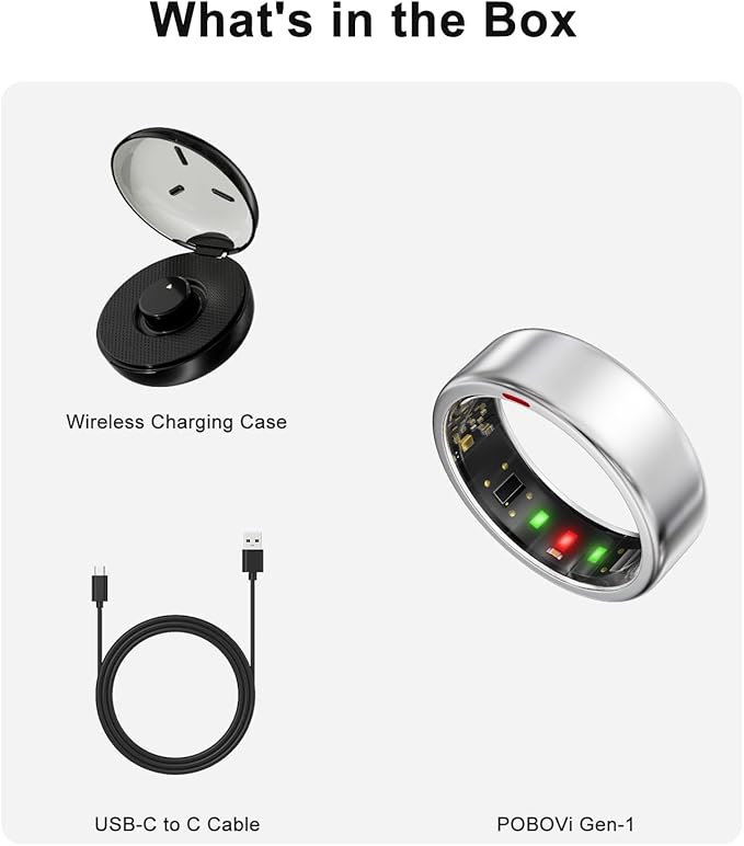 Smart Ring for Women Men- Sleep/Fitness/Stress/Heart Rate Tracker- Menstrual Records - 7 Days Battery Life - Wireless Charging - No APP Subscription - iOS & Android Compatible(Silver, Size 12)