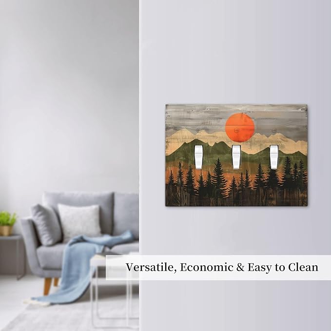 Decorative Switch Plates Vintage Wood Grain Sun Forest Mountains 3 Gang Wall Plate Triple Toggle Light Switch Cover Faceplate Electrical Wall Panels for Farmhouse Cabin Decor
