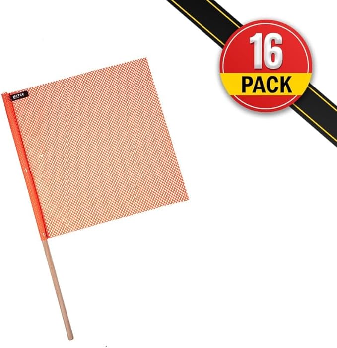 Mytee Products (16 Pack) 18"x18" Orange Safety Flags for Truck Loads w/Dowel - DOT Compliant Jersey Mesh Warning Flags on Stick for Oversize Wide Load, Construction, Road Traffic, Pedestrian Signs