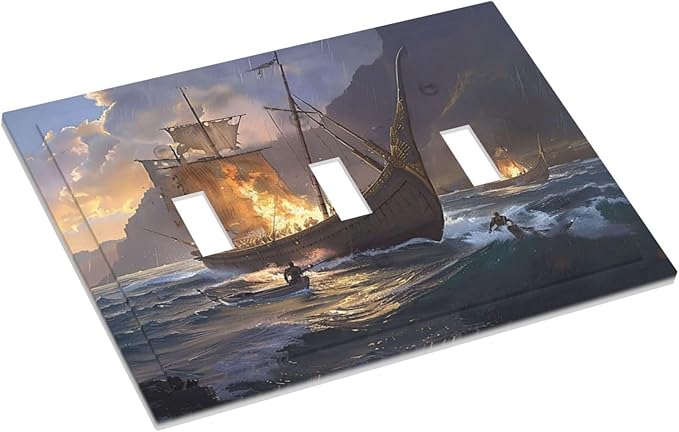 Decorative Light Switch Cover Plate Medieval Vintage Sailing Adventure Sailings Ocean Waves 3 Gang Wall Plate Triple Toggle Switch Plate Covers Electrical Outlet Cover for Bedroom Cabin