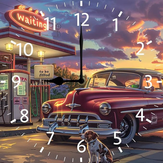 10 in Old Fashioned Gas Station Car -294 Wood Wall Clock – Digital Time Display, Smart Home Compatible for Bedside or Workspace