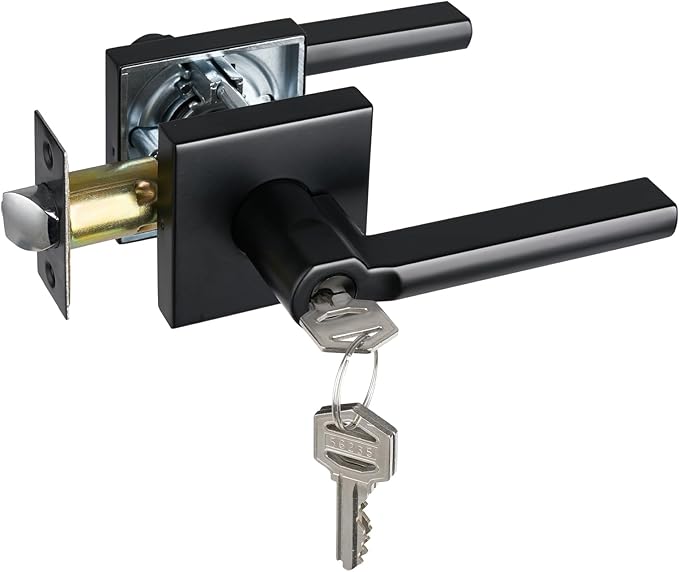 Keyed Entry Door Lever with Lock, Heavy Duty Square Interior Handle for Front Door and Office, Matte Black, Reversible for Right&Left Handed, 1Pack