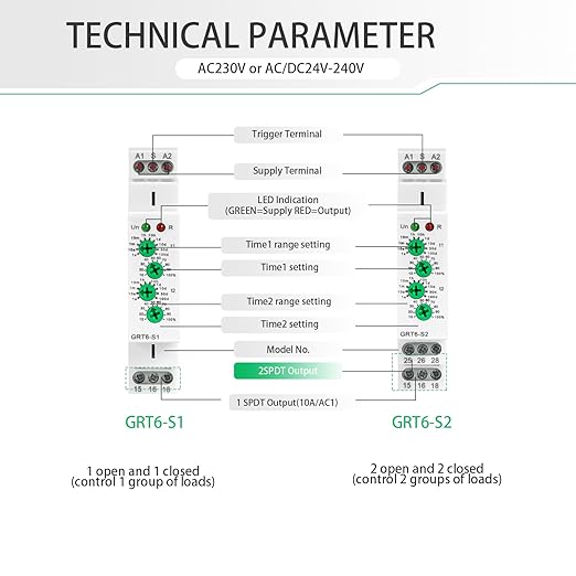 Asymmetric Cycle Timer Relay 2SPDT AC 230V 10A Long or Short Period Repeat Cycle Tntermittent Timer Electronic Relay in Din Rail (GRT6-S2 AC 230V)